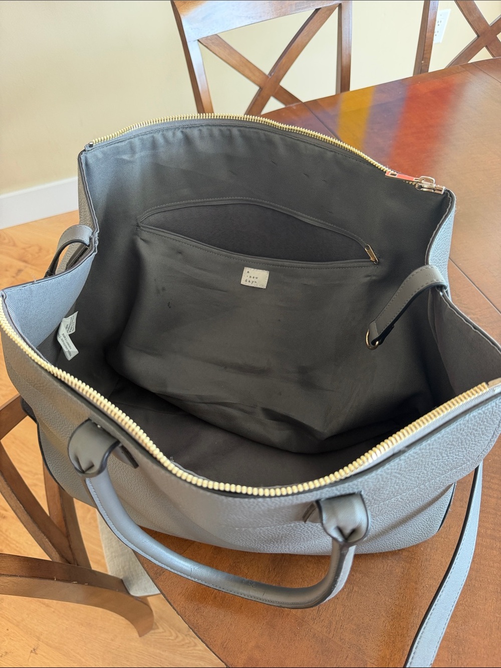 Gray Faux Leather Tote / Diaper / Travel Bag Crossbody Large Zip Top - Picture 3 of 6